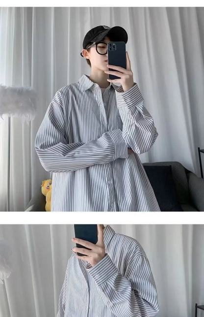 Japanese striped long-sleeved shirt boys simple trend literary fan lining clothes spring and autumn casual coat couple...