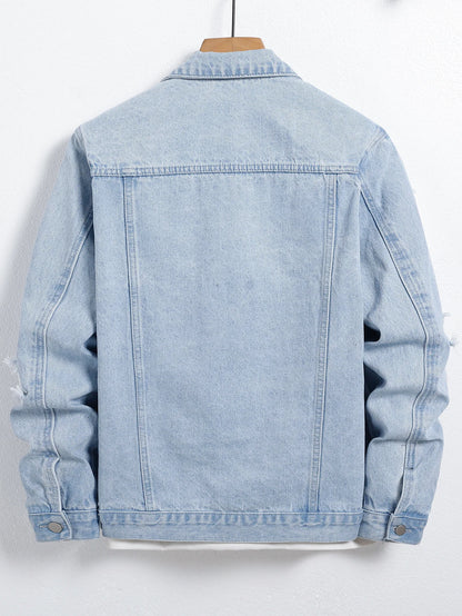 Men's light blue ripped denim jacket. Stylish and trendy. Street casual.