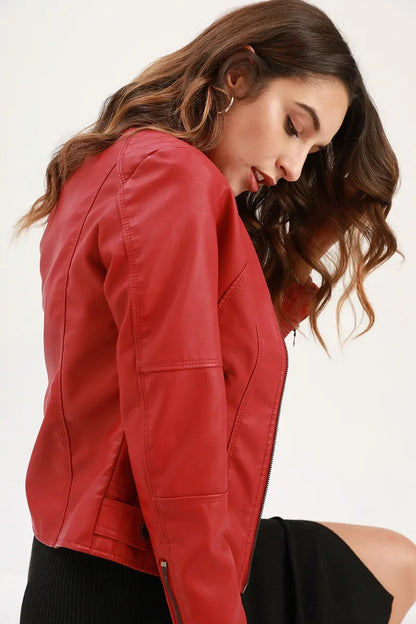 New women's leather jacket Slim jacket Thin section of the spring and autumn jacket Standing collar women's leather jacket