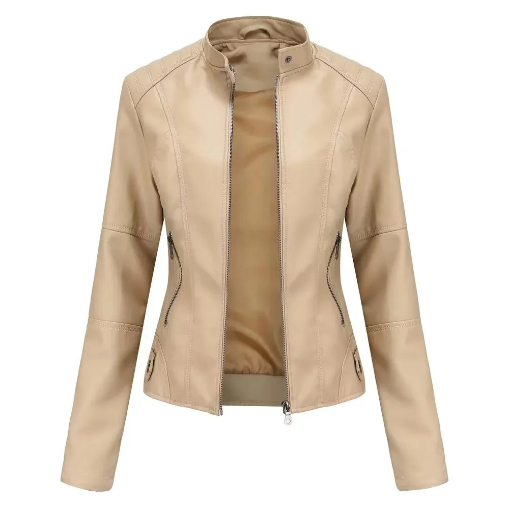 New women's leather jacket Slim jacket Thin section of the spring and autumn jacket Standing collar women's leather jacket