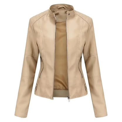 New women's leather jacket Slim jacket Thin section of the spring and autumn jacket Standing collar women's leather jacket