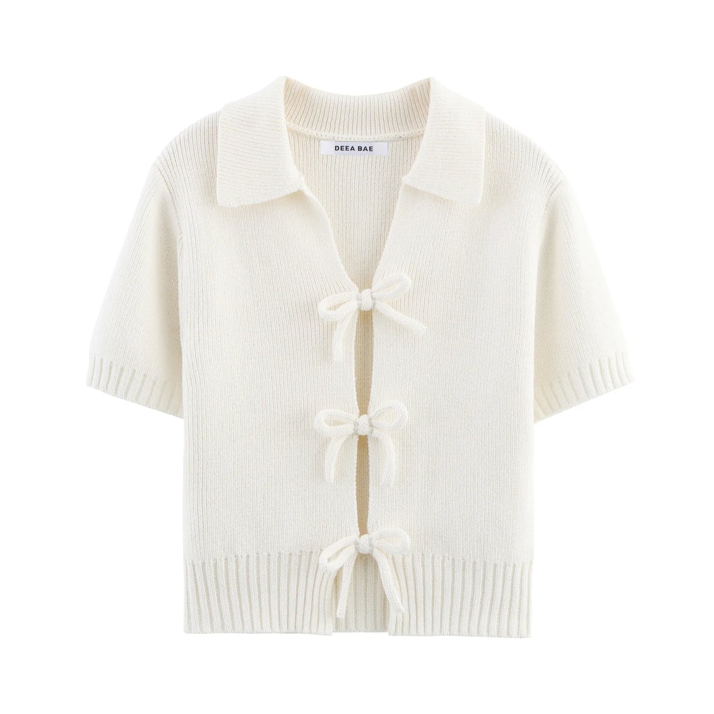 DEEABAE Women's Korean Casual Style Sweet And Pure Desire Bow Decoration Knitted Short Sleeved Lapel Top