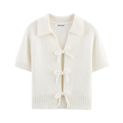 DEEABAE Women's Korean Casual Style Sweet And Pure Desire Bow Decoration Knitted Short Sleeved Lapel Top