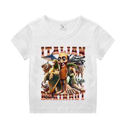 Italian Brainrot Kids Cotton T-shirt Tung Tung Tung Sahur Tee Tralalero Tralala Summer Clothes Funny Meme Children Cute Top Gift