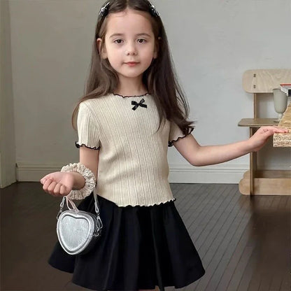 Girl Baby Thin Knit Ruffle Lace Short Sleeve T-shirts 2025 Summer New Girls Kids Bow Tops Sweet Cute Student Children Clothing