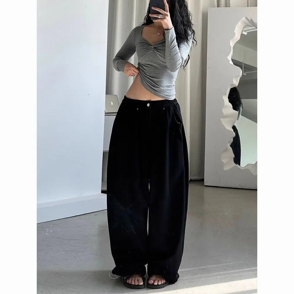 American Vintage Sweatpants Women Simple Classic Stretch High Waist Trousers Loos Lazy Jazz Hip Hop Dance Wide Leg Pants