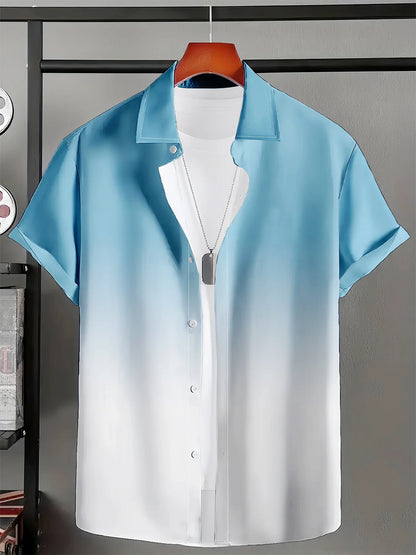Summer Casual and Fresh Gradient Blue Printed Short-Sleeved Shirt, Suitable for Daily Casual.