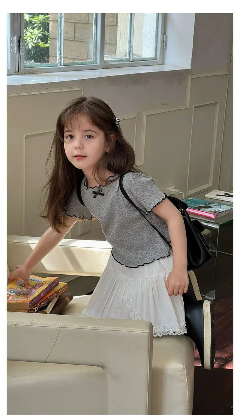 Girl Baby Thin Knit Ruffle Lace Short Sleeve T-shirts 2025 Summer New Girls Kids Bow Tops Sweet Cute Student Children Clothing