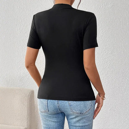 Sexy Short Sleeve Hollow Out Tops Female Black Slim Tee Basic T Shirt Women Elegant Slim Tops