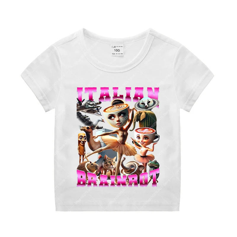 Italian Brainrot Kids Cotton T-shirt Tung Tung Tung Sahur Tee Tralalero Tralala Summer Clothes Funny Meme Children Cute Top Gift