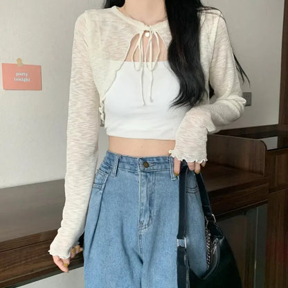 Summer Women Thin Sunscreen Cardigan Lace-up Knitwear Tops Female Korean Style Lantern Sleeve Short Coat Casual Sun Protected