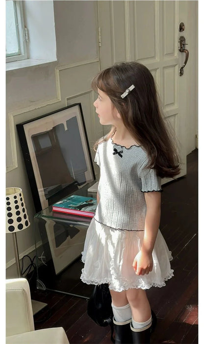 Girl Baby Thin Knit Ruffle Lace Short Sleeve T-shirts 2025 Summer New Girls Kids Bow Tops Sweet Cute Student Children Clothing