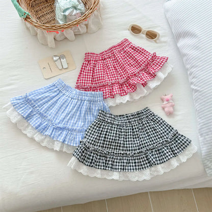 Korean Childrens Girls Short Skirt Summer Stylish Beautiful Plaid Kids Girls Half Skirt Lace Ruched Toddler Girls Cake Skirts