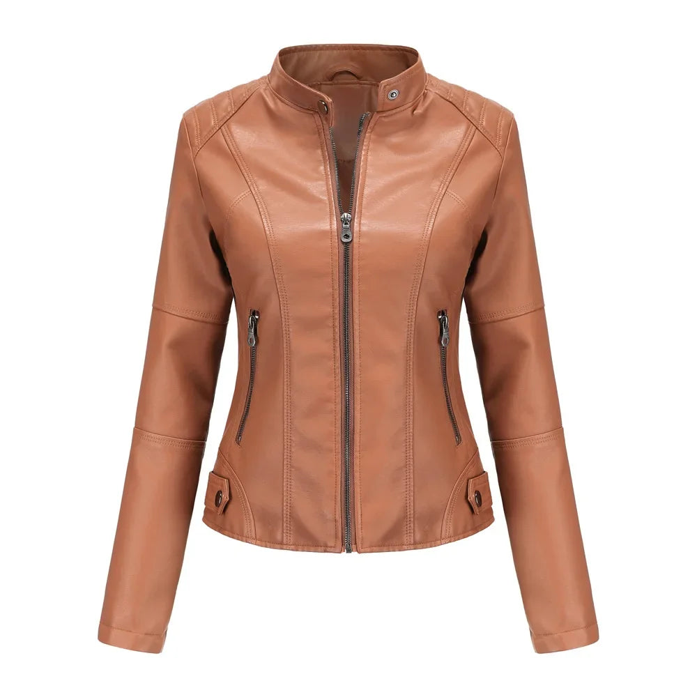 New women's leather jacket Slim jacket Thin section of the spring and autumn jacket Standing collar women's leather jacket