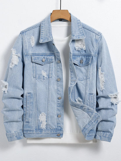 Men's light blue ripped denim jacket. Stylish and trendy. Street casual.