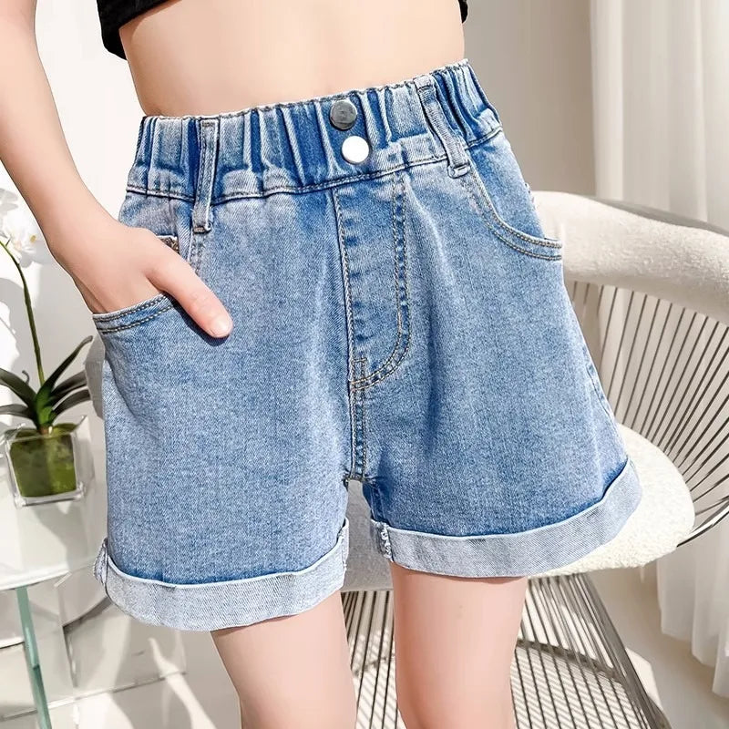 Girls' Denim Shorts - Summer Casual Stretchy Jean Shorts for Kids, Comfortable Loose Fit