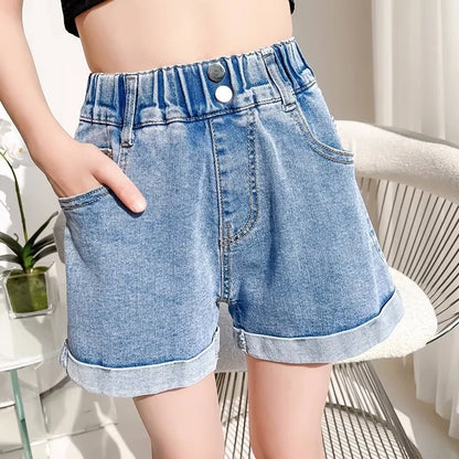 Girls' Denim Shorts - Summer Casual Stretchy Jean Shorts for Kids, Comfortable Loose Fit