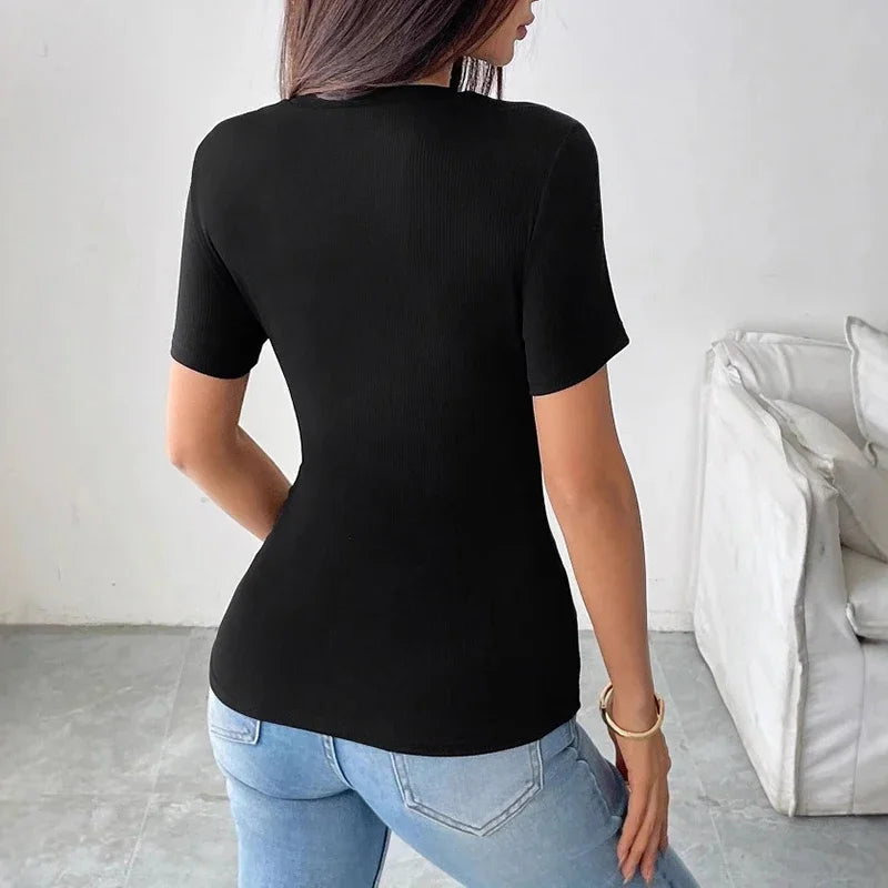 Sexy Short Sleeve Hollow Out Tops Female Black Slim Tee Basic T Shirt Women Elegant Slim Tops
