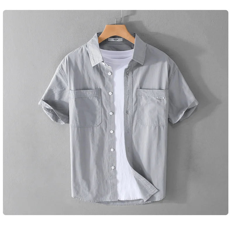 Summer Men's Casual Short Sleeve Comfortable Shirt 100% Cotton Sold Color Loose Simple Male Workwear Versatile Youth Fresh Shirt