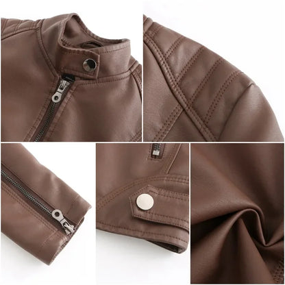 New women's leather jacket Slim jacket Thin section of the spring and autumn jacket Standing collar women's leather jacket