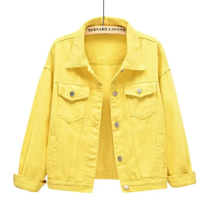 Yellow Women's Long Sleeve Jacket, Single Breasted Lapel Denim Jacket, Fashion Women's Tops Jacket Blue White Women's Coat