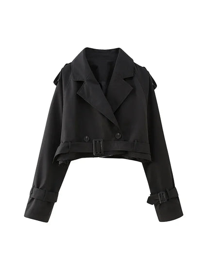 2025 Cropped Trench Coat with Belt - Vintage Double Breasted Spring Jacket for Women| Streetwear Outerwear