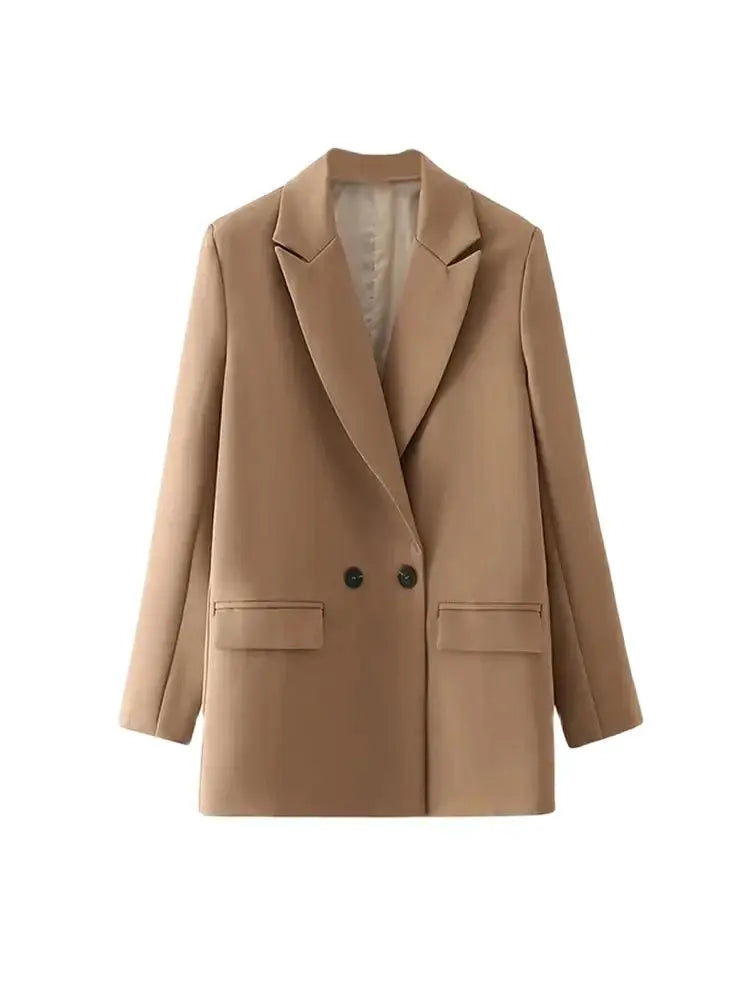 TRZA Women Chic Office Lady Double Breasted Blazer Vintage Coat Fashion Notched Collar Long Sleeve Ladies Outerwear Stylish Tops