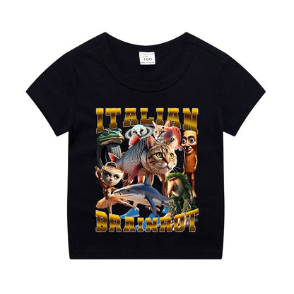 Italian Brainrot Kids Cotton T-shirt Tung Tung Tung Sahur Tee Tralalero Tralala Summer Clothes Funny Meme Children Cute Top Gift