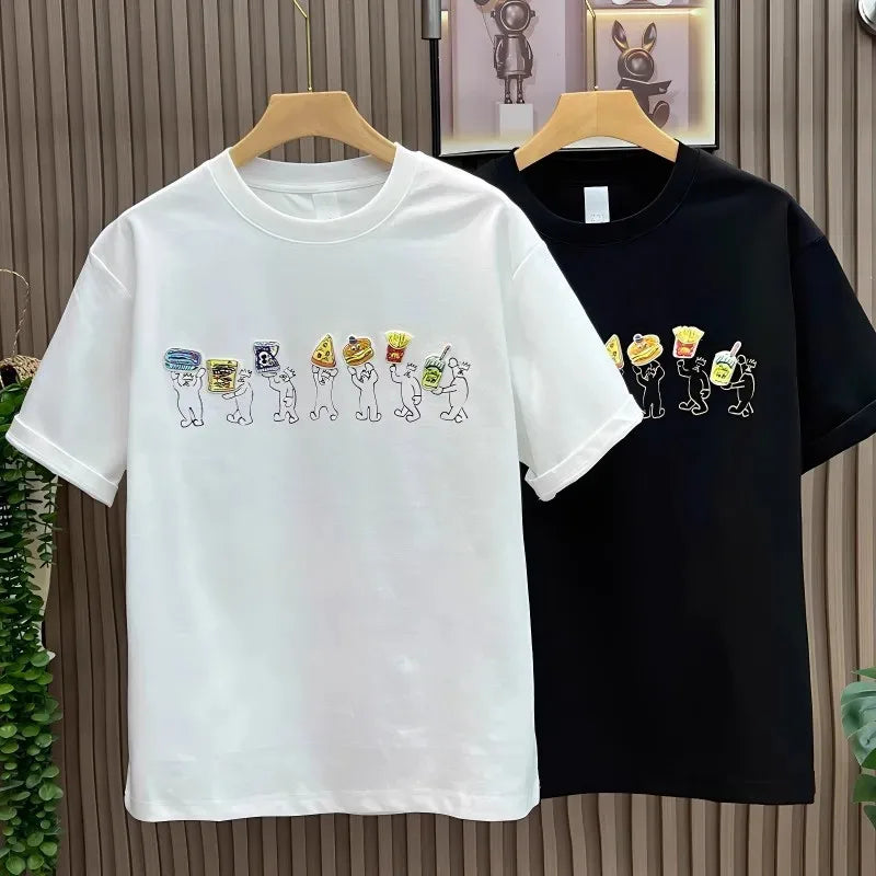 Hot Sale Summer Mens Fashion High Street Cartoon Patch Embroidery T Shirts Loose Fit Tees O Neck Short Sleeve Casual 2025 New