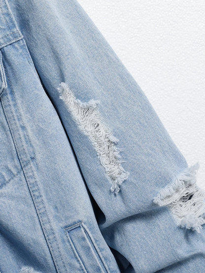 Men's light blue ripped denim jacket. Stylish and trendy. Street casual.
