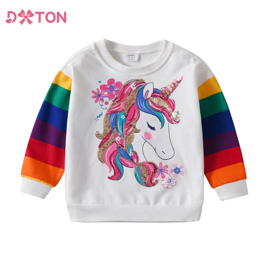 DXTON Girls Sweatshirts Kids Unicorn Sequined Appliqued Rainbow Striped Sweatshirts Kids Long Sleeve Hoodies Sport Shirts 3-12Y