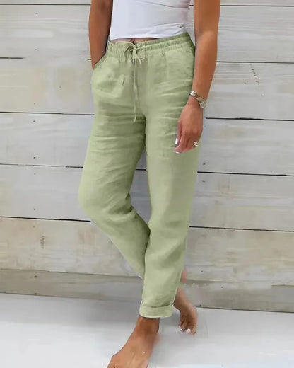 Women Cotton Linen Pants Summer Female High Elastic Waist Drawstring Pocket Beachwear Holiday Straight Trousers JYFS-1044
