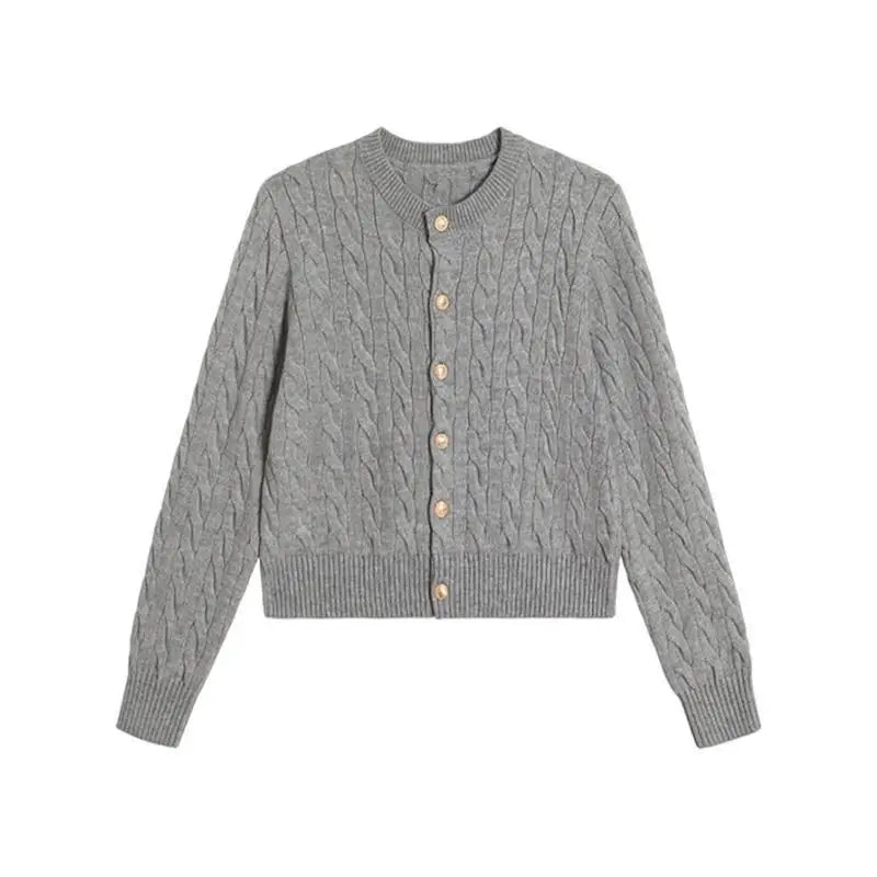 2024 Vintage Long Sleeve Cardigan Women Sweater O-neck Elegant Knitted Top Fashion Autumn Grey Knitwear