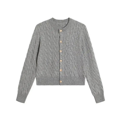 2024 Vintage Long Sleeve Cardigan Women Sweater O-neck Elegant Knitted Top Fashion Autumn Grey Knitwear