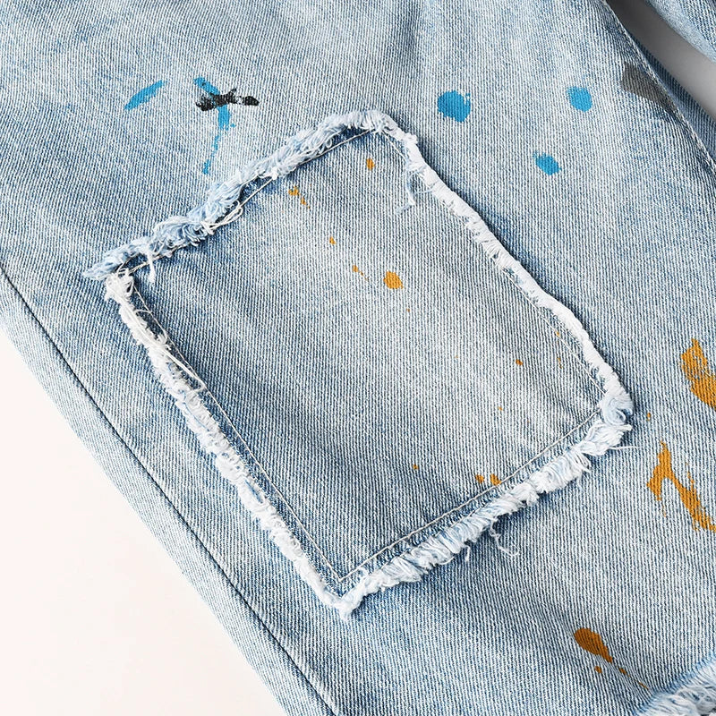 Men's High Street Distressed Washed Light Blue Non-Stretch Damaged Holes Spray Paint Slim Fit Jeans Pants