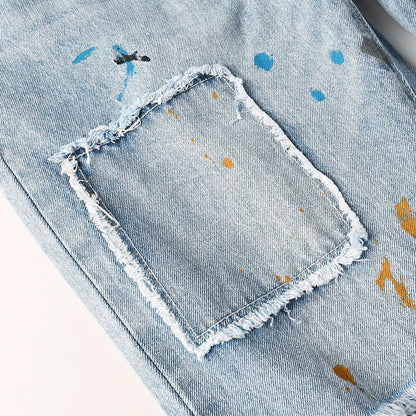 Men's High Street Distressed Washed Light Blue Non-Stretch Damaged Holes Spray Paint Slim Fit Jeans Pants