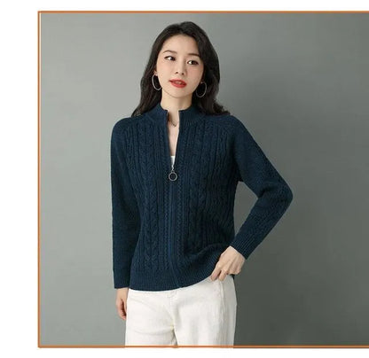 2025 Half High Collar Zipper Knitted Cardigan Jacket Women fall New korean Style  long Sleeve Cardigans Thicken Sweater Coat