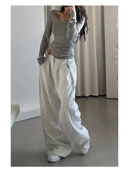 American Vintage Sweatpants Women Simple Classic Stretch High Waist Trousers Loos Lazy Jazz Hip Hop Dance Wide Leg Pants