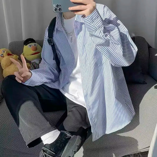 Japanese striped long-sleeved shirt boys simple trend literary fan lining clothes spring and autumn casual coat couple...