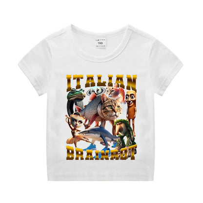 Italian Brainrot Kids Cotton T-shirt Tung Tung Tung Sahur Tee Tralalero Tralala Summer Clothes Funny Meme Children Cute Top Gift