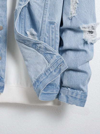 Men's light blue ripped denim jacket. Stylish and trendy. Street casual.