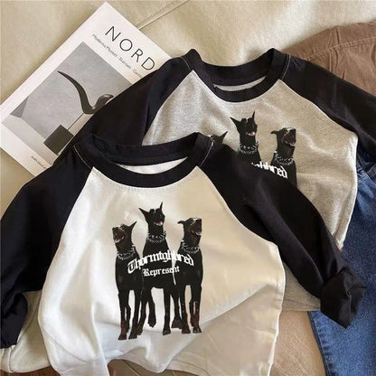 2025 Spring Baby Cartoon Wolf T-Shirts Kids Boys Girls Cotton Long Sleeve Top Clothes For 1-8Y Children'S Casual Outfit Pullover