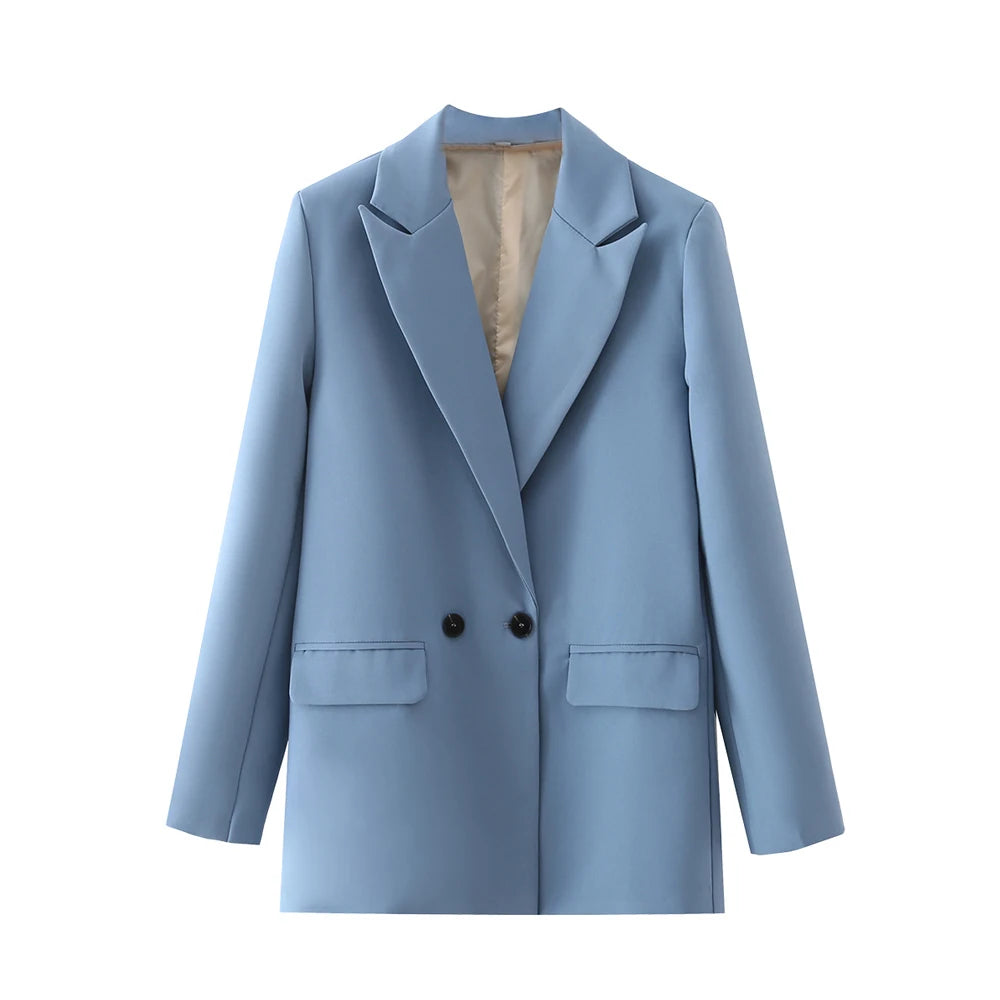 TRZA Women Chic Office Lady Double Breasted Blazer Vintage Coat Fashion Notched Collar Long Sleeve Ladies Outerwear Stylish Tops