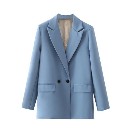 TRZA Women Chic Office Lady Double Breasted Blazer Vintage Coat Fashion Notched Collar Long Sleeve Ladies Outerwear Stylish Tops