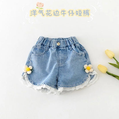Girls Summer Denim Skirt Baby Girl Korean New Style Cute Bow Lace Pleated Skirt