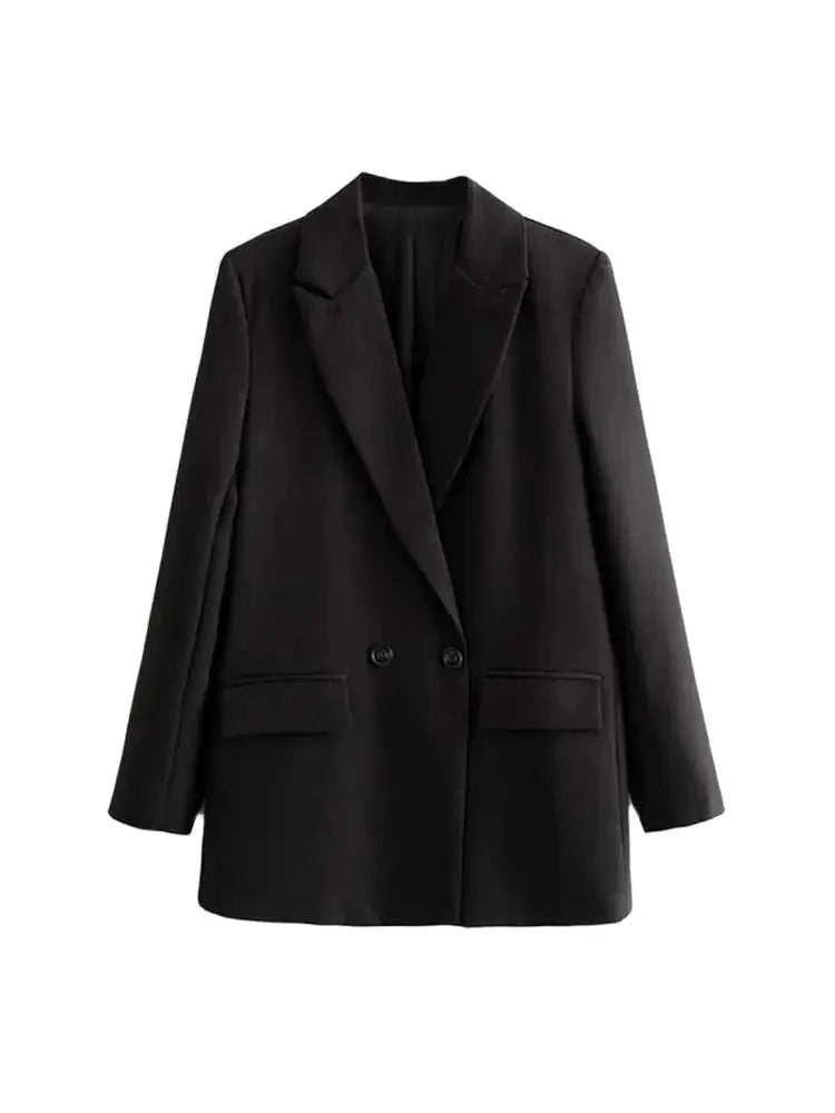 TRZA Women Chic Office Lady Double Breasted Blazer Vintage Coat Fashion Notched Collar Long Sleeve Ladies Outerwear Stylish Tops