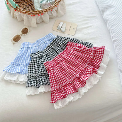 Korean Childrens Girls Short Skirt Summer Stylish Beautiful Plaid Kids Girls Half Skirt Lace Ruched Toddler Girls Cake Skirts