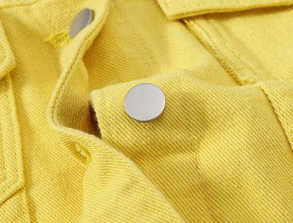 Yellow Women's Long Sleeve Jacket, Single Breasted Lapel Denim Jacket, Fashion Women's Tops Jacket Blue White Women's Coat