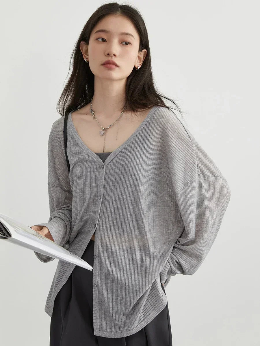 Women's Lightweight V-Neck Long Sleeve Cardigan Top, Sun Protection Spring Summer Autumn Jacket for Casual Daily Outwear