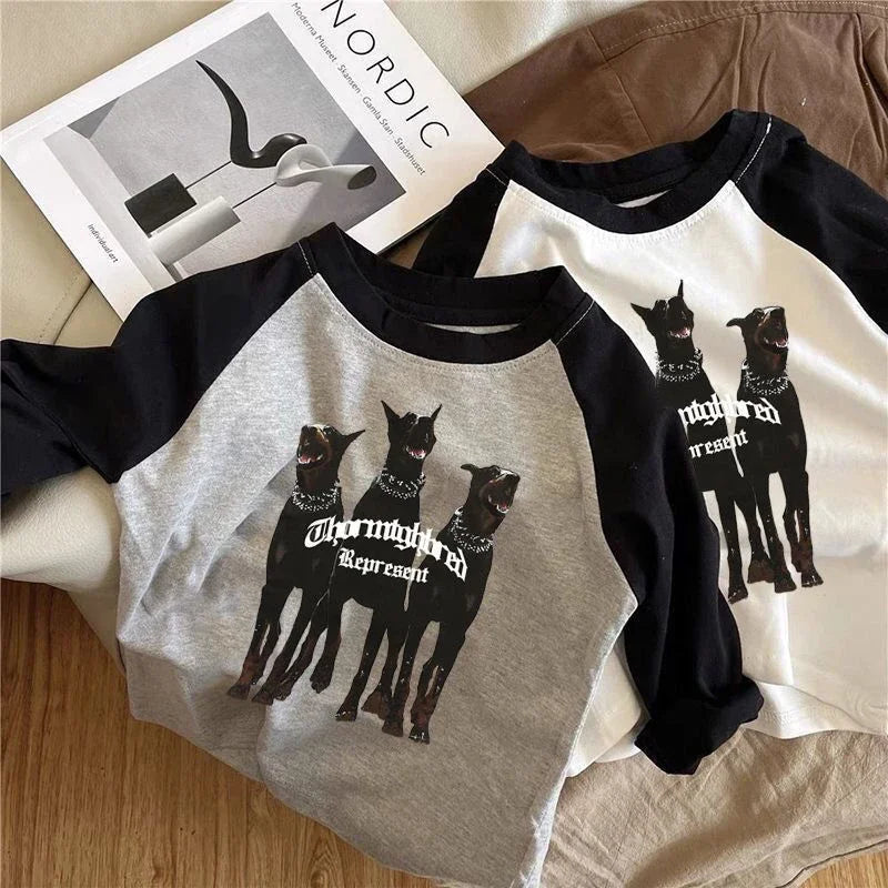 2025 Spring Baby Cartoon Wolf T-Shirts Kids Boys Girls Cotton Long Sleeve Top Clothes For 1-8Y Children'S Casual Outfit Pullover